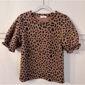 THML Leopard Print Puff Sleeve Textured Knit Top Brown Black Small